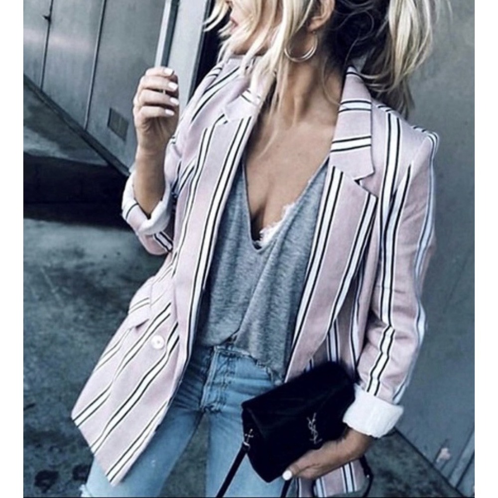 Free People Uptown Girl Blazer Size M Pink Striped Cotton